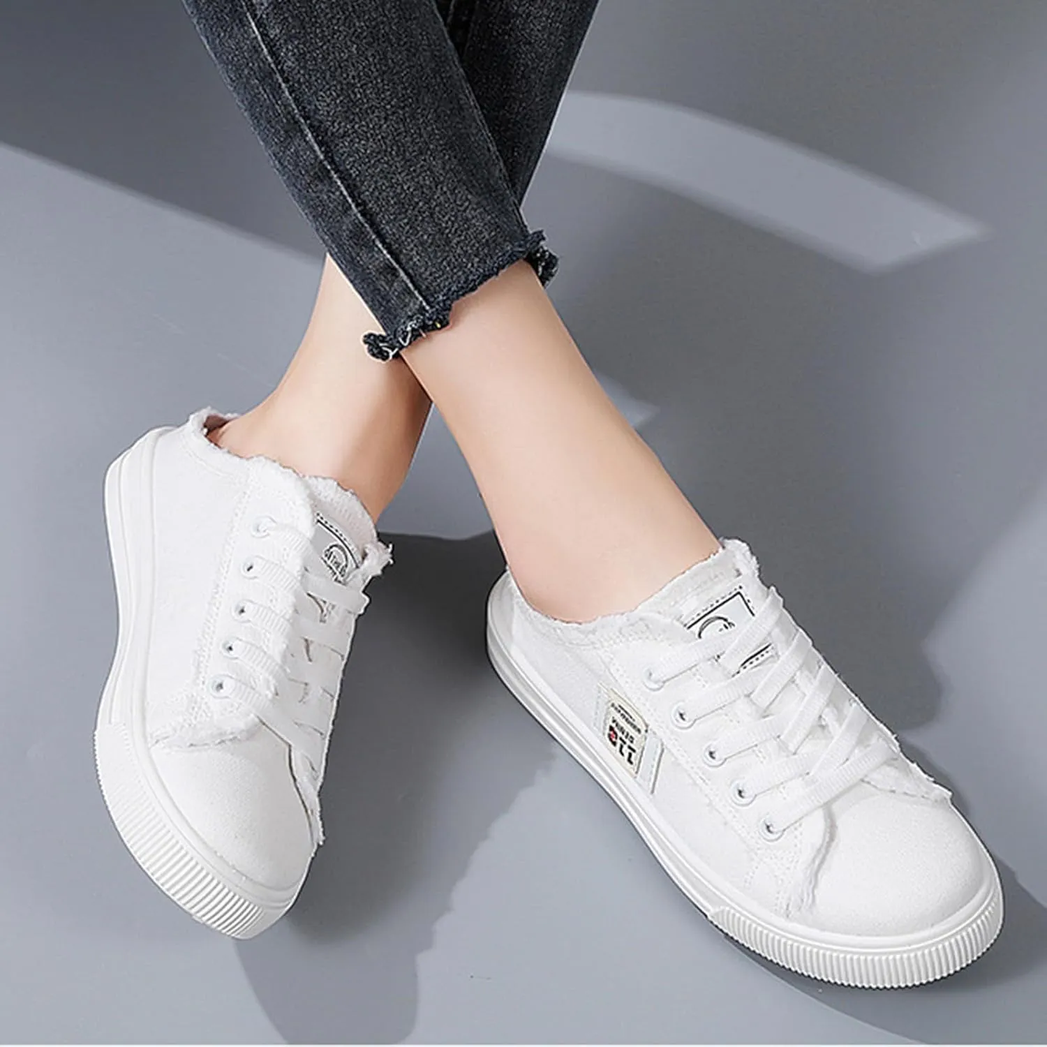 Womens Dressy Summer Fashionable and Versatile Canvas Shoes White Shoes Lazy Slip On Flat Casual