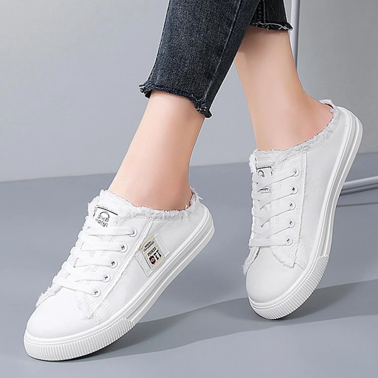 Womens Dressy Summer Fashionable and Versatile Canvas Shoes White Shoes Lazy Slip On Flat Casual