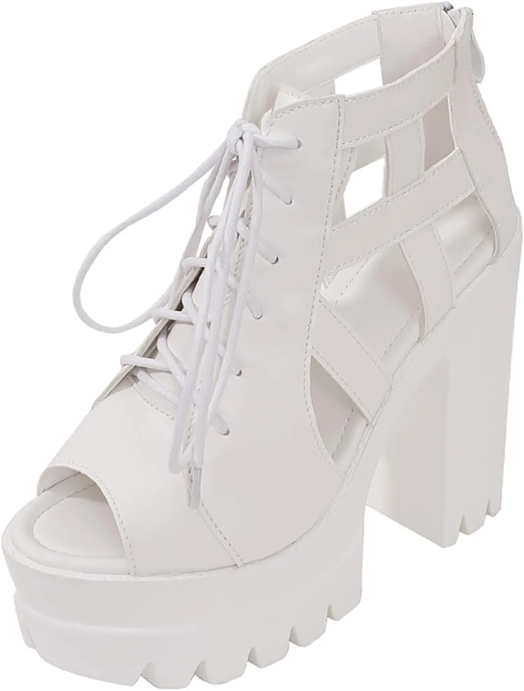Women'S Fish Mouth chunky High Heel Rome Sandals fashion lace up platform High Heel Comfortable Adjustable Back Zipper dress sandals lug sole non slip cutout Goth Y2K Party Sandals
