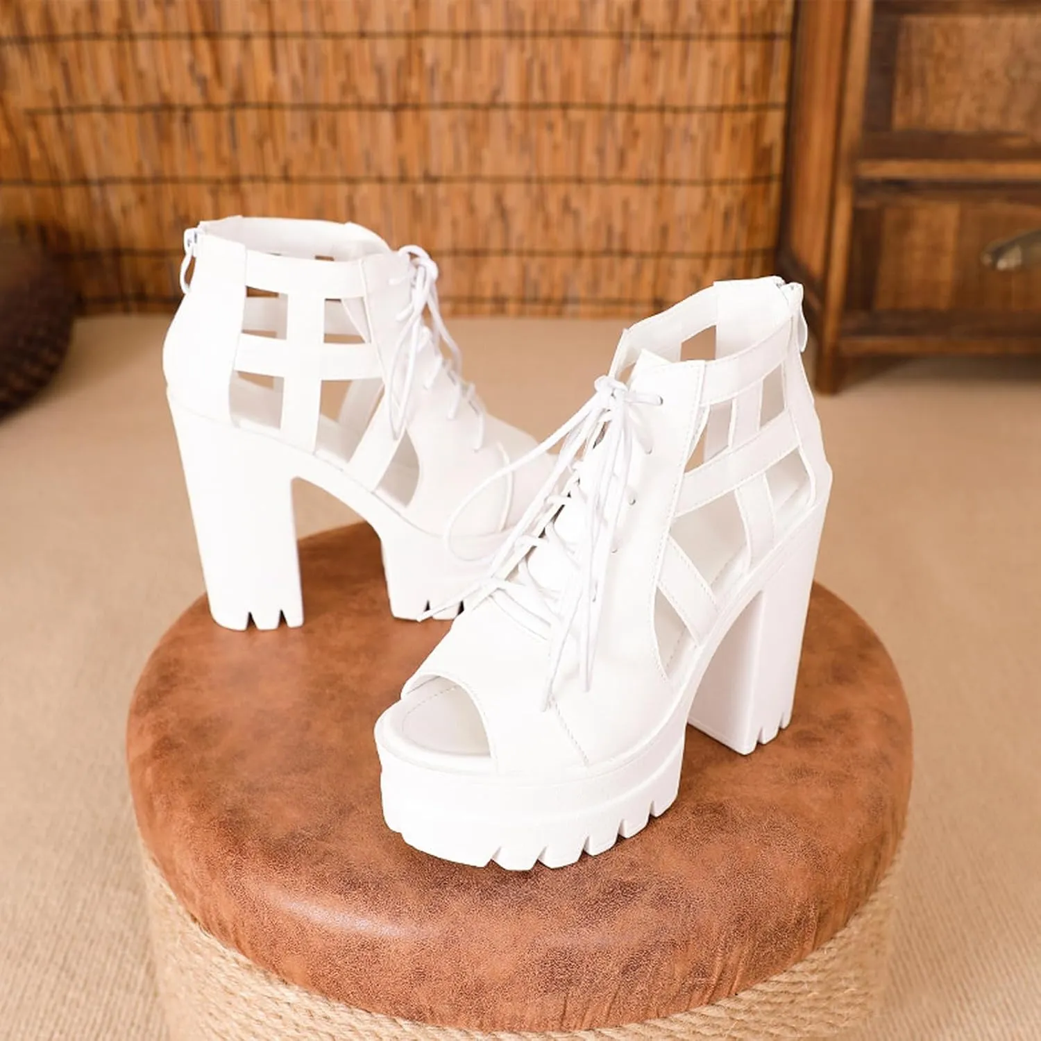 Women'S Fish Mouth chunky High Heel Rome Sandals fashion lace up platform High Heel Comfortable Adjustable Back Zipper dress sandals lug sole non slip cutout Goth Y2K Party Sandals