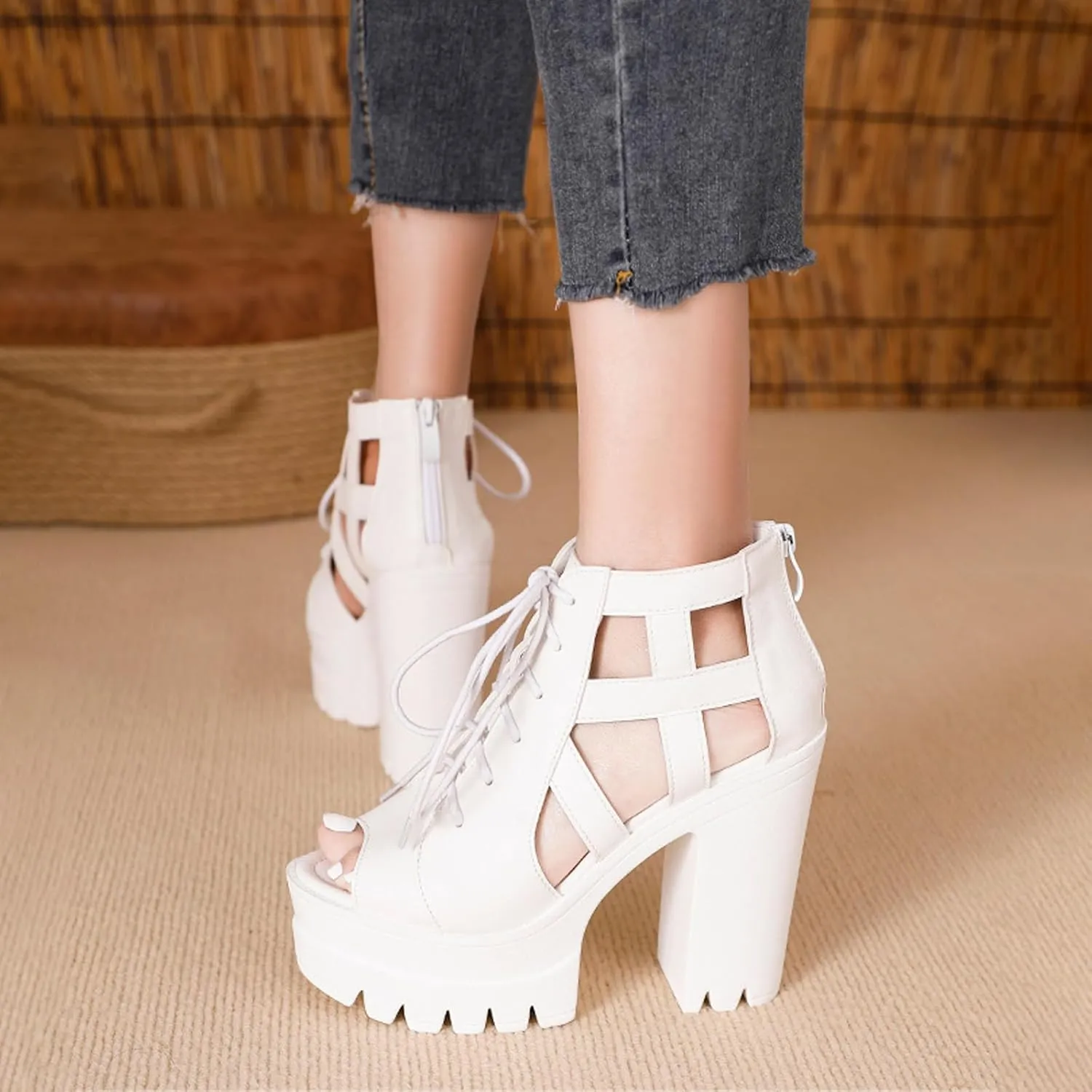 Women'S Fish Mouth chunky High Heel Rome Sandals fashion lace up platform High Heel Comfortable Adjustable Back Zipper dress sandals lug sole non slip cutout Goth Y2K Party Sandals