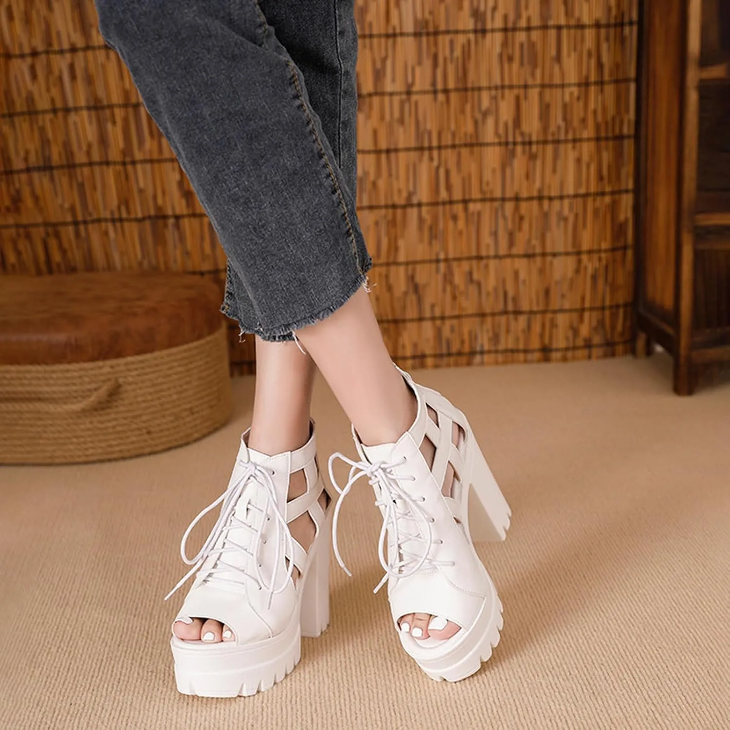 Women'S Fish Mouth chunky High Heel Rome Sandals fashion lace up platform High Heel Comfortable Adjustable Back Zipper dress sandals lug sole non slip cutout Goth Y2K Party Sandals