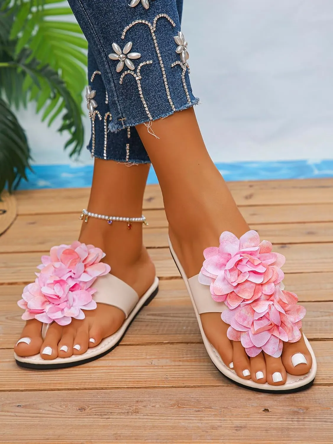 Women's Flat Mules with Light Purple Sequin Flower Decorations – Summer Slip-On Shoes for Vacations, Beach Walks, and Casual Romantic Outfits