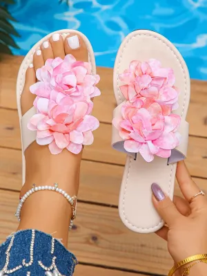 Women's Flat Mules with Light Purple Sequin Flower Decorations – Summer Slip-On Shoes for Vacations, Beach Walks, and Casual Romantic Outfits