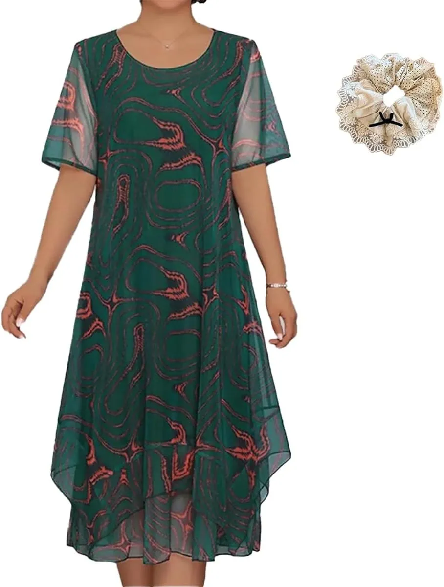 Women's Fresh Print Round Neck Short Sleeve A-Line Mini Dress, Summer Casual Dresses, Vacation Flowy Sundress
