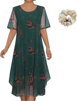 Women's Fresh Print Round Neck Short Sleeve A-Line Mini Dress, Summer Casual Dresses, Vacation Flowy Sundress