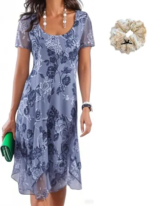 Women's Fresh Print Round Neck Short Sleeve A-Line Mini Dress, Summer Casual Dresses, Vacation Flowy Sundress