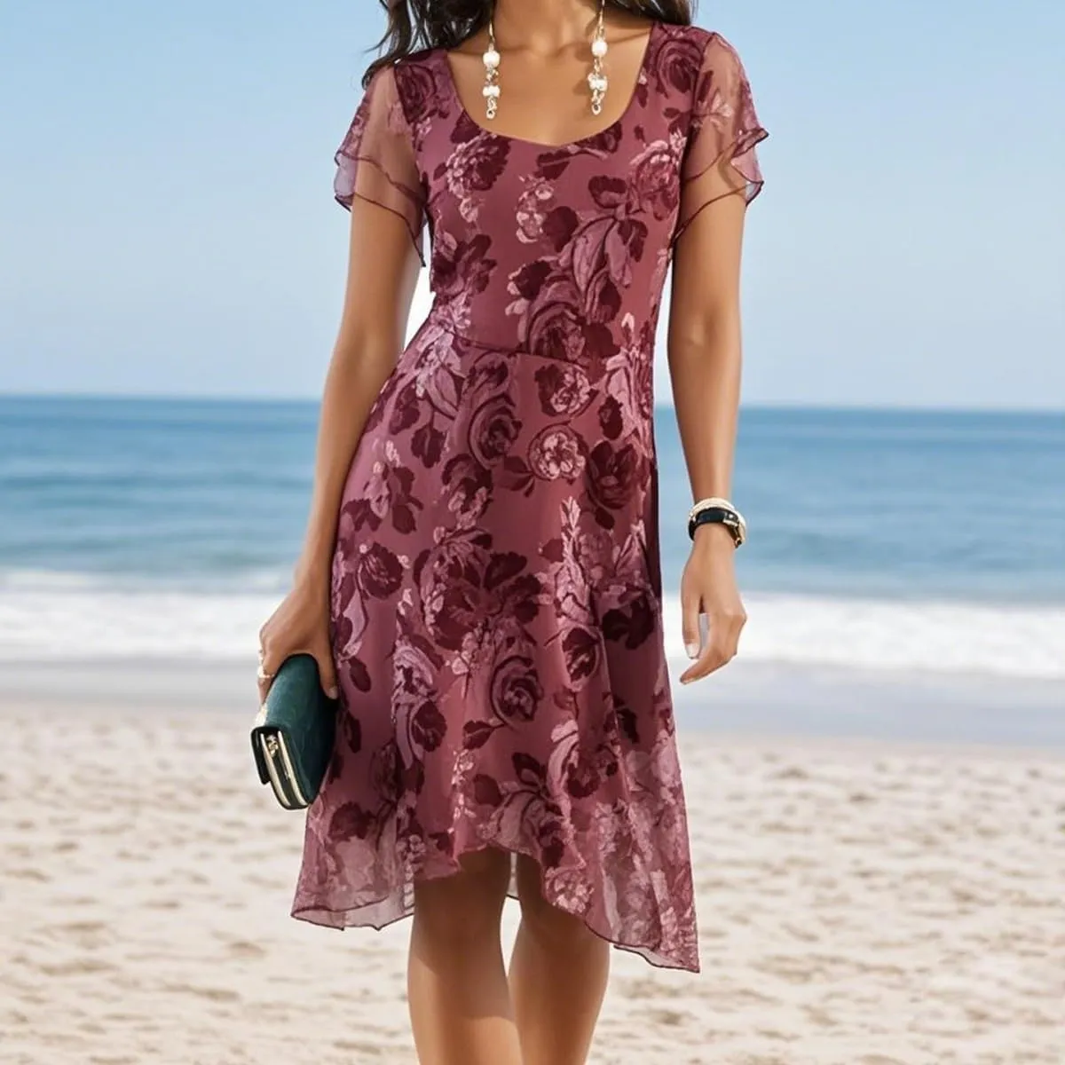 Women's Fresh Print Round Neck Short Sleeve A-Line Mini Dress, Summer Casual Dresses, Vacation Flowy Sundress
