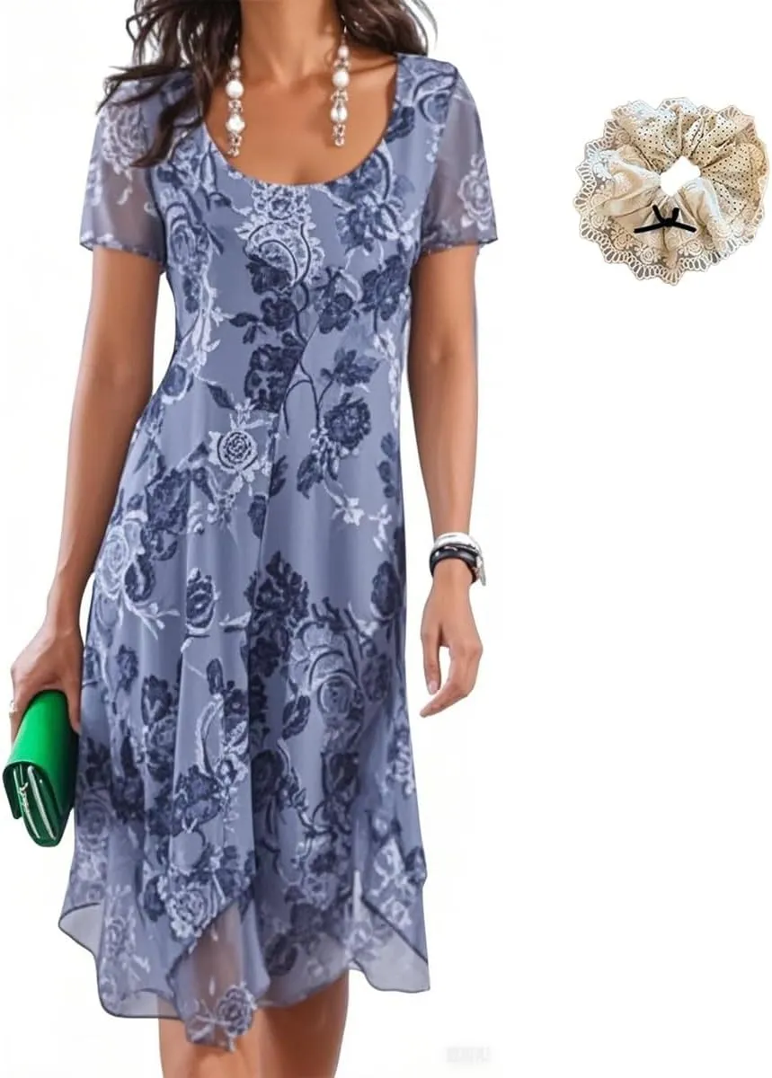 Women's Fresh Print Round Neck Short Sleeve A-Line Mini Dress, Summer Casual Dresses, Vacation Flowy Sundress