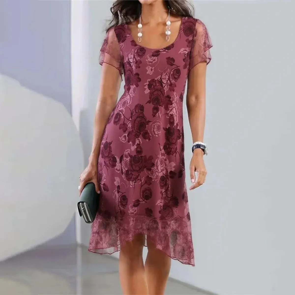 Women's Fresh Print Round Neck Short Sleeve A-Line Mini Dress, Summer Casual Dresses, Vacation Flowy Sundress