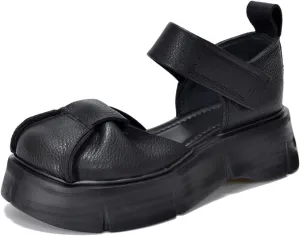 Women's Genuine Leather Platform Vintage Roman Sandals With Adjustable Hook And Loop Closed Round Toe Chunky Platform Comfortable Anti-Slip Hollow Out Casual Walking Sandals (8.5,black)
