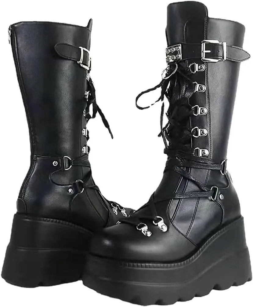 Womens Gothic Punk Platform Boots Chunky Wedge Heel Combat Boots Lace-Up and Zipper Round Toe Mid Calf Motorcycle Boot