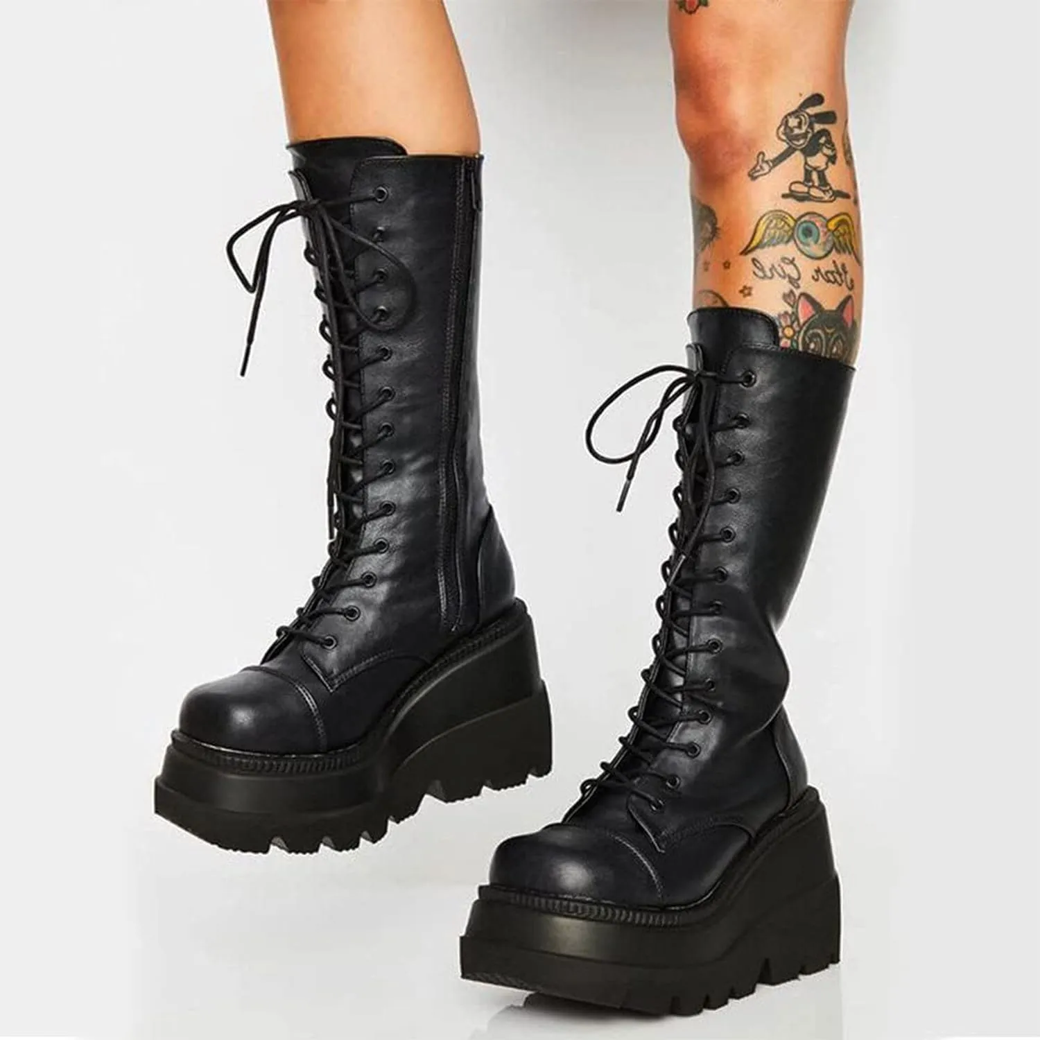 Womens Gothic Punk Platform Boots Chunky Wedge Heel Combat Boots Lace-Up and Zipper Round Toe Mid Calf Motorcycle Boot