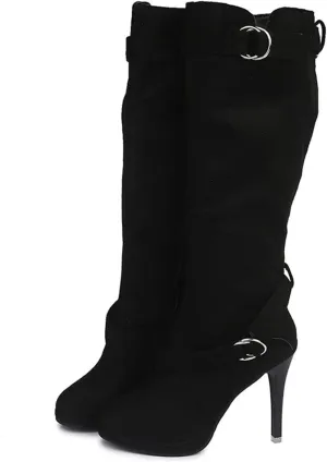 Womens High Boots,Wide Calf Boots with Adjustable Buckle Strap Stylish High Heel Slip On Boots Fashion Suede Combat Riding Boots for Women Winter Fall Party Comfy Walking High Heels