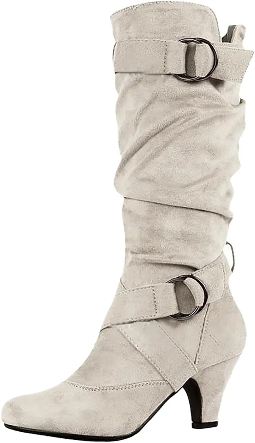 Womens High Boots,Wide Calf Boots with Adjustable Buckle Strap Stylish High Heel Slip On Boots Fashion Suede Combat Riding Boots for Women Winter Fall Party Comfy Walking High Heels