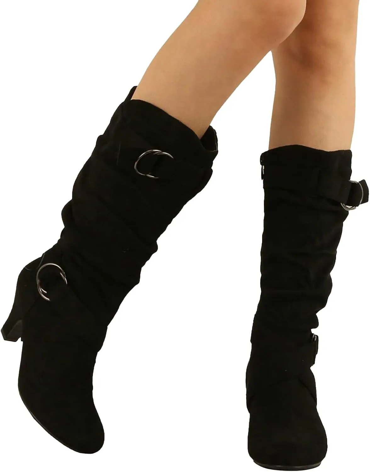 Womens High Boots,Wide Calf Boots with Adjustable Buckle Strap Stylish High Heel Slip On Boots Fashion Suede Combat Riding Boots for Women Winter Fall Party Comfy Walking High Heels