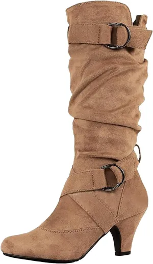 Womens High Boots,Wide Calf Boots with Adjustable Buckle Strap Stylish High Heel Slip On Boots Fashion Suede Combat Riding Boots for Women Winter Fall Party Comfy Walking High Heels