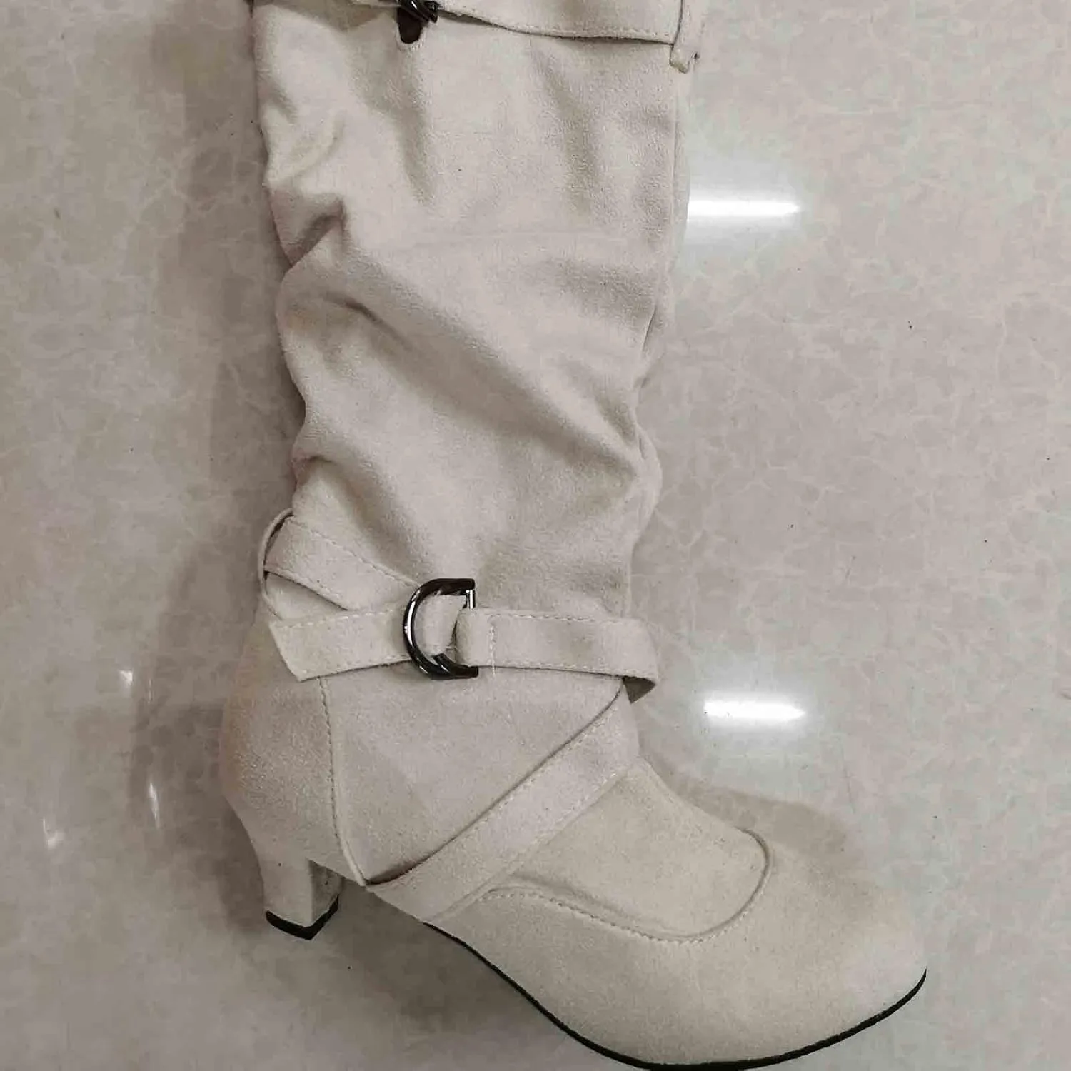 Womens High Boots,Wide Calf Boots with Adjustable Buckle Strap Stylish High Heel Slip On Boots Fashion Suede Combat Riding Boots for Women Winter Fall Party Comfy Walking High Heels