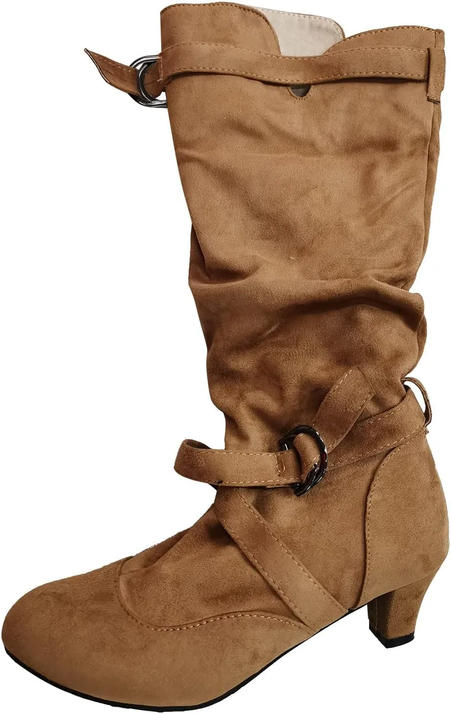 Womens High Boots,Wide Calf Boots with Adjustable Buckle Strap Stylish High Heel Slip On Boots Fashion Suede Combat Riding Boots for Women Winter Fall Party Comfy Walking High Heels