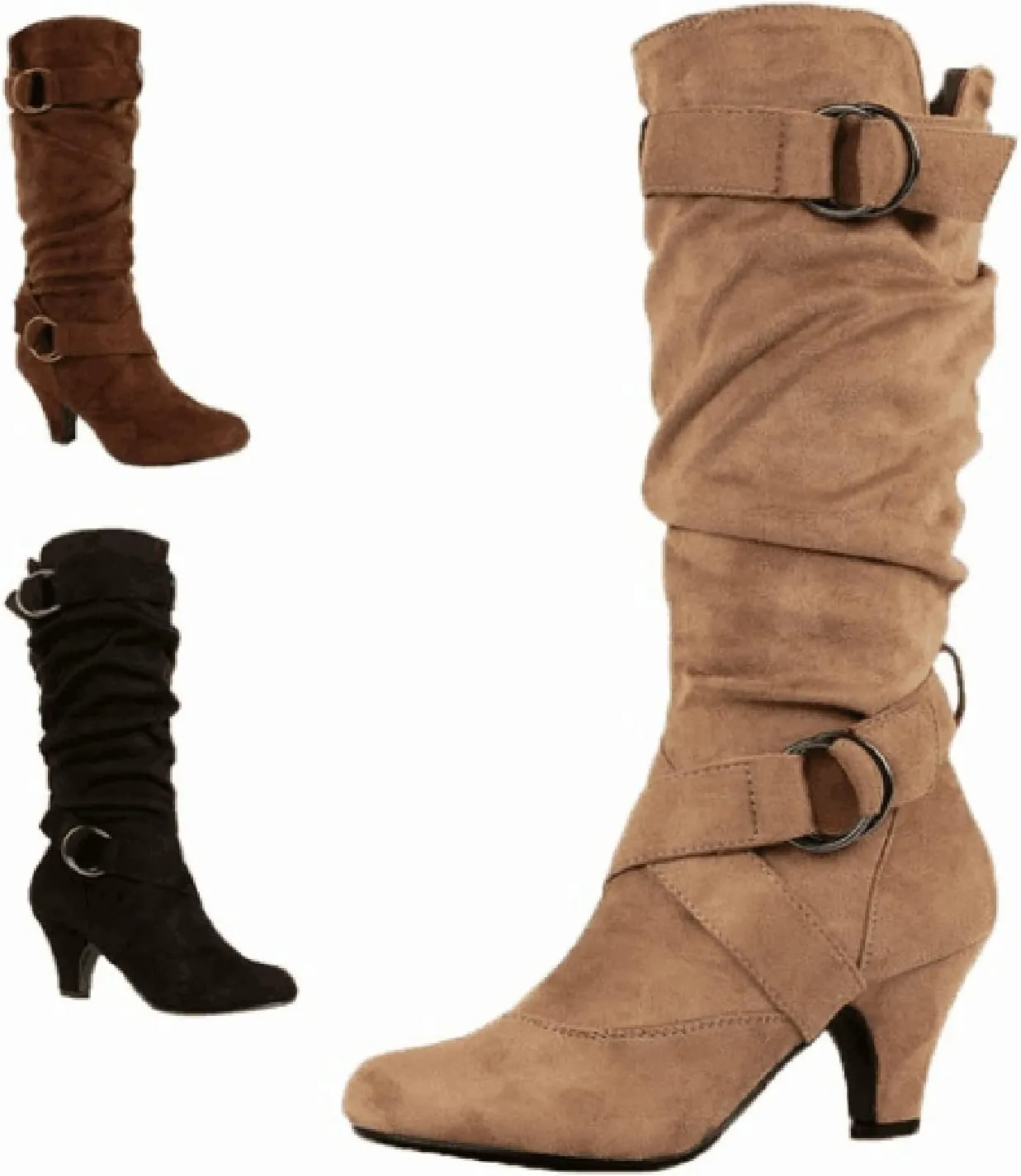 Womens High Boots,Wide Calf Boots with Adjustable Buckle Strap Stylish High Heel Slip On Boots Fashion Suede Combat Riding Boots for Women Winter Fall Party Comfy Walking High Heels
