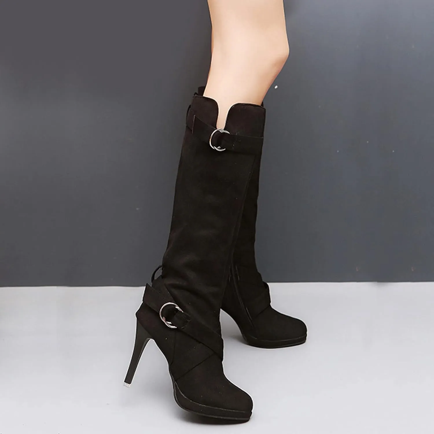Womens High Boots,Wide Calf Boots with Adjustable Buckle Strap Stylish High Heel Slip On Boots Fashion Suede Combat Riding Boots for Women Winter Fall Party Comfy Walking High Heels