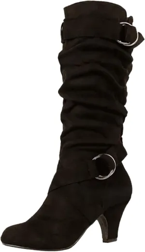 Womens High Boots,Wide Calf Boots with Adjustable Buckle Strap Stylish High Heel Slip On Boots Fashion Suede Combat Riding Boots for Women Winter Fall Party Comfy Walking High Heels