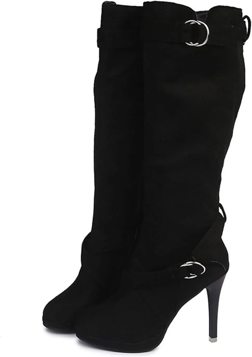 Womens High Boots,Wide Calf Boots with Adjustable Buckle Strap Stylish High Heel Slip On Boots Fashion Suede Combat Riding Boots for Women Winter Fall Party Comfy Walking High Heels