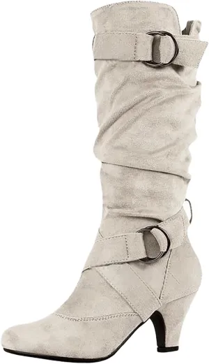 Womens High Boots,Wide Calf Boots with Adjustable Buckle Strap Stylish High Heel Slip On Boots Fashion Suede Combat Riding Boots for Women Winter Fall Party Comfy Walking High Heels