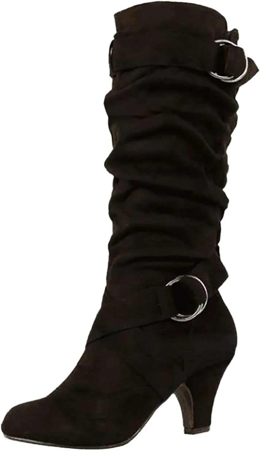 Womens High Boots,Wide Calf Boots with Adjustable Buckle Strap Stylish High Heel Slip On Boots Fashion Suede Combat Riding Boots for Women Winter Fall Party Comfy Walking High Heels