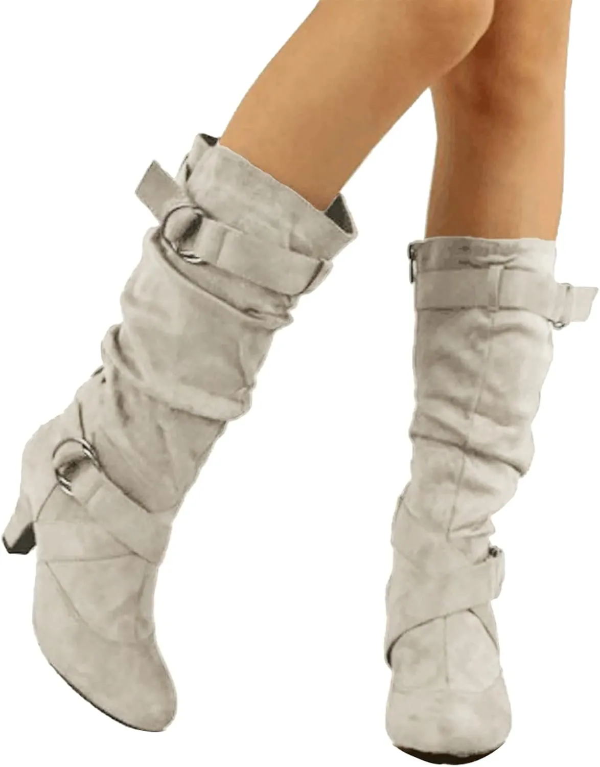 Womens High Boots,Wide Calf Boots with Adjustable Buckle Strap Stylish High Heel Slip On Boots Fashion Suede Combat Riding Boots for Women Winter Fall Party Comfy Walking High Heels