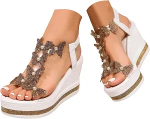 Women's High Heel Wedge Sandals Platform Fashionable Butterfly Decoration Rhinestones Cute Women Slides Sandals Platform