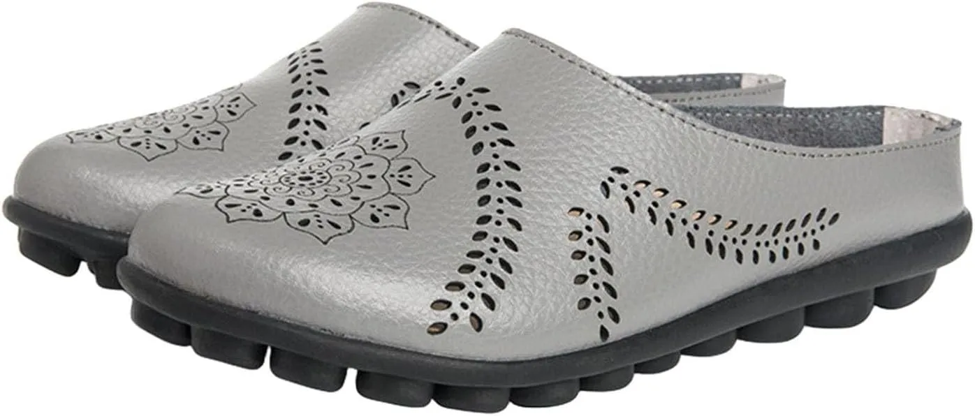 Womens Hollow Out Breathable Mule Sandals Casual Comfortable Closed Toe Sandals Flats Softsole Lightweight Leather Loafer Slippers