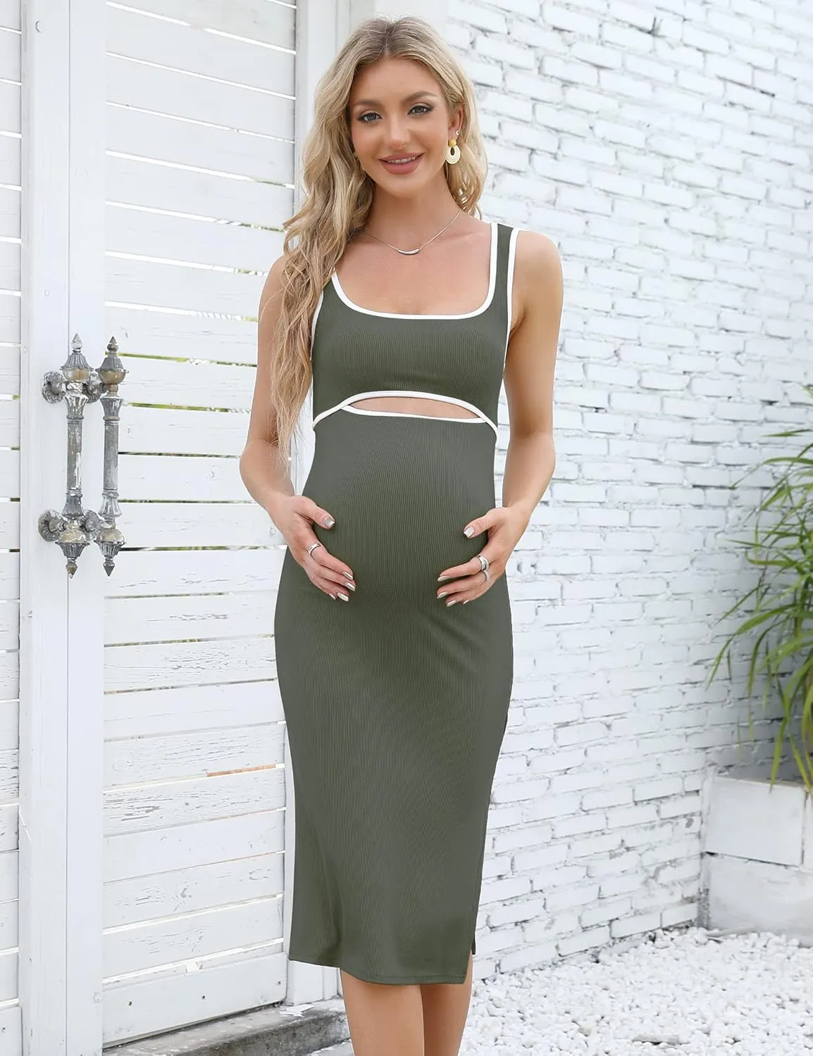 Women's Maternity Cutout Tank Dress Casual Sleeveless Side Slit Ribbed Bodycon Midi Dress for Baby Shower