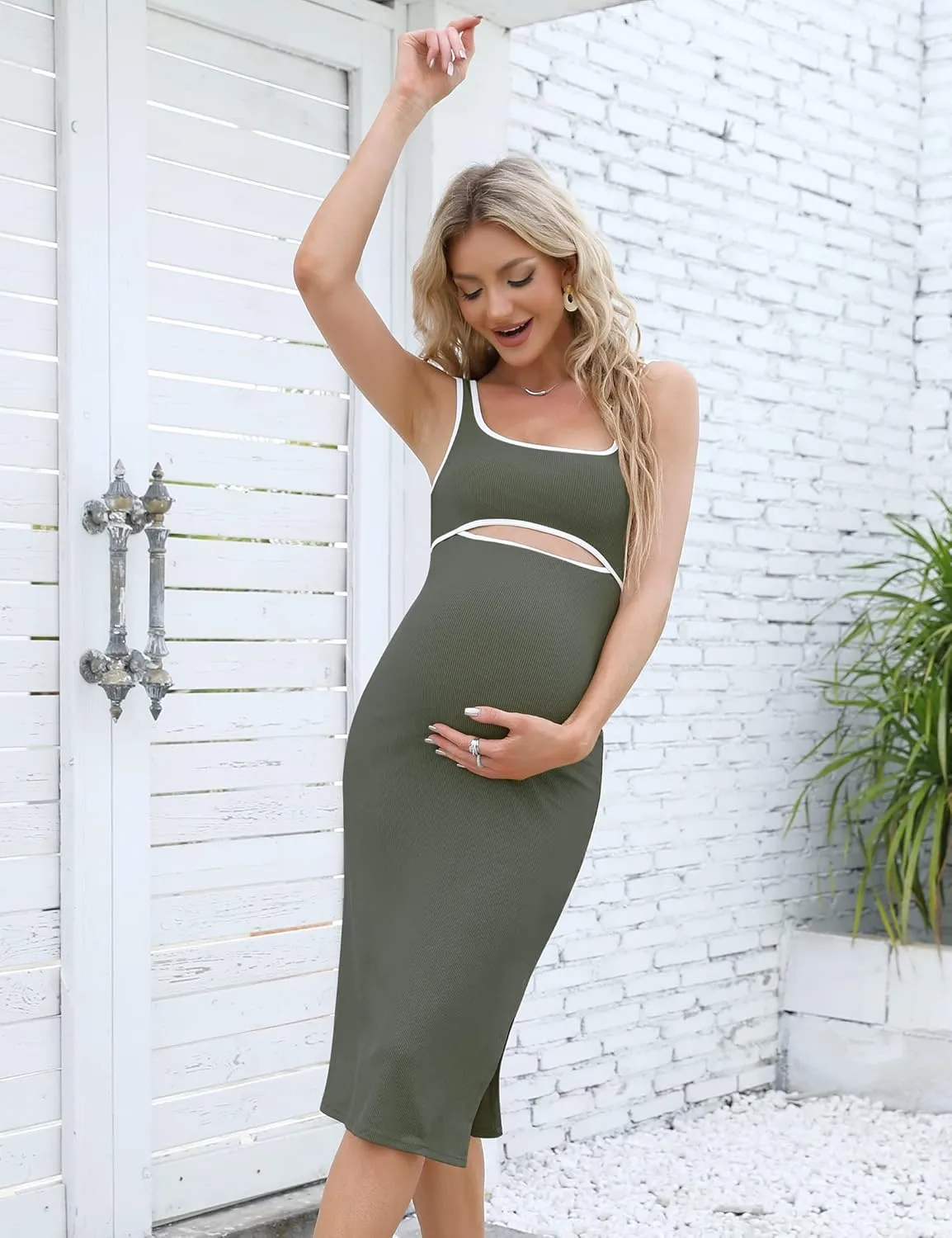 Women's Maternity Cutout Tank Dress Casual Sleeveless Side Slit Ribbed Bodycon Midi Dress for Baby Shower