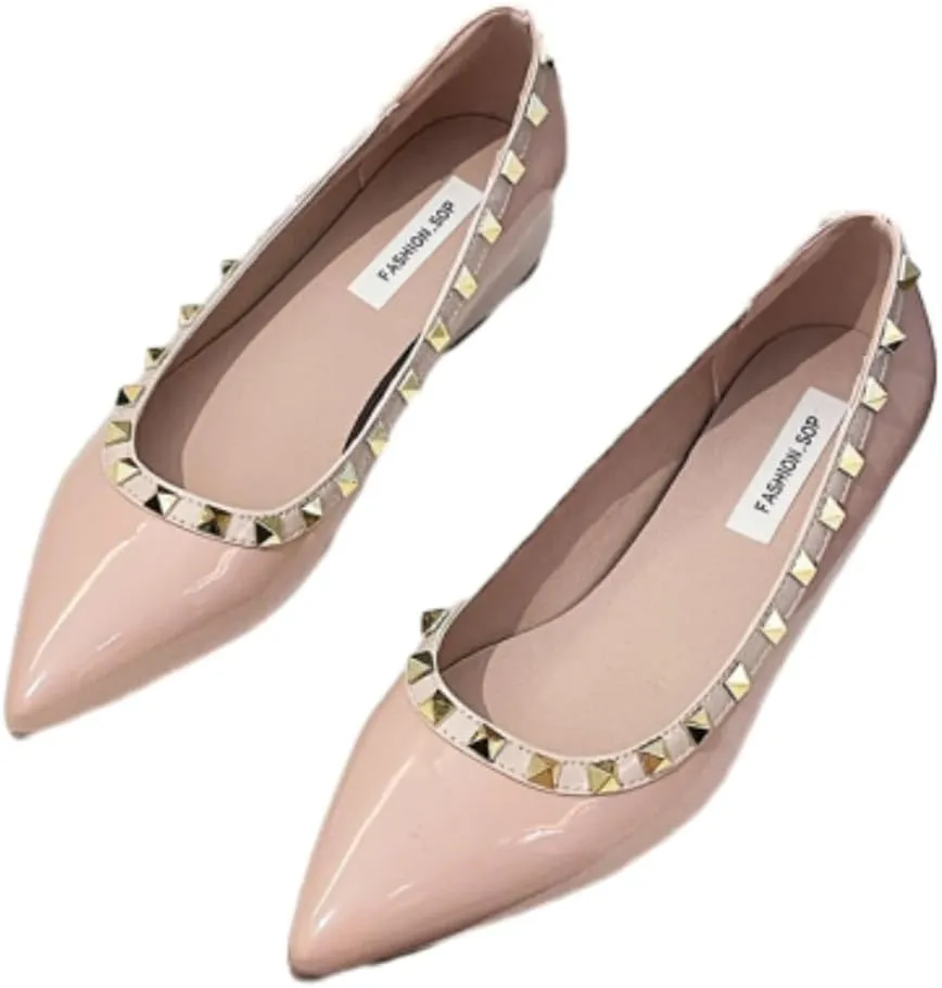 Women's Patent Leather Closed Pointed Toe Rivet Shoes Fashion Adjustable Ankle Strap Rivet Gladiator Flats Dress Shoes for Work Party