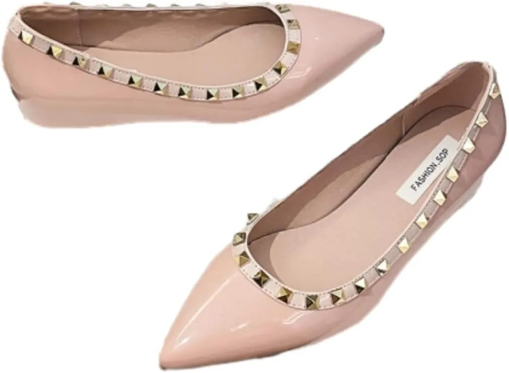 Women's Patent Leather Closed Pointed Toe Rivet Shoes Fashion Adjustable Ankle Strap Rivet Gladiator Flats Dress Shoes for Work Party