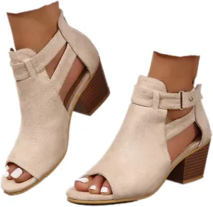 Women's Peep Toe Booties Toe Ankle Booties Chunky Heels Cutout Back Zipper Sandals Suede Side Ankle Strap Dress Sandals Strap Evening Party Shoes