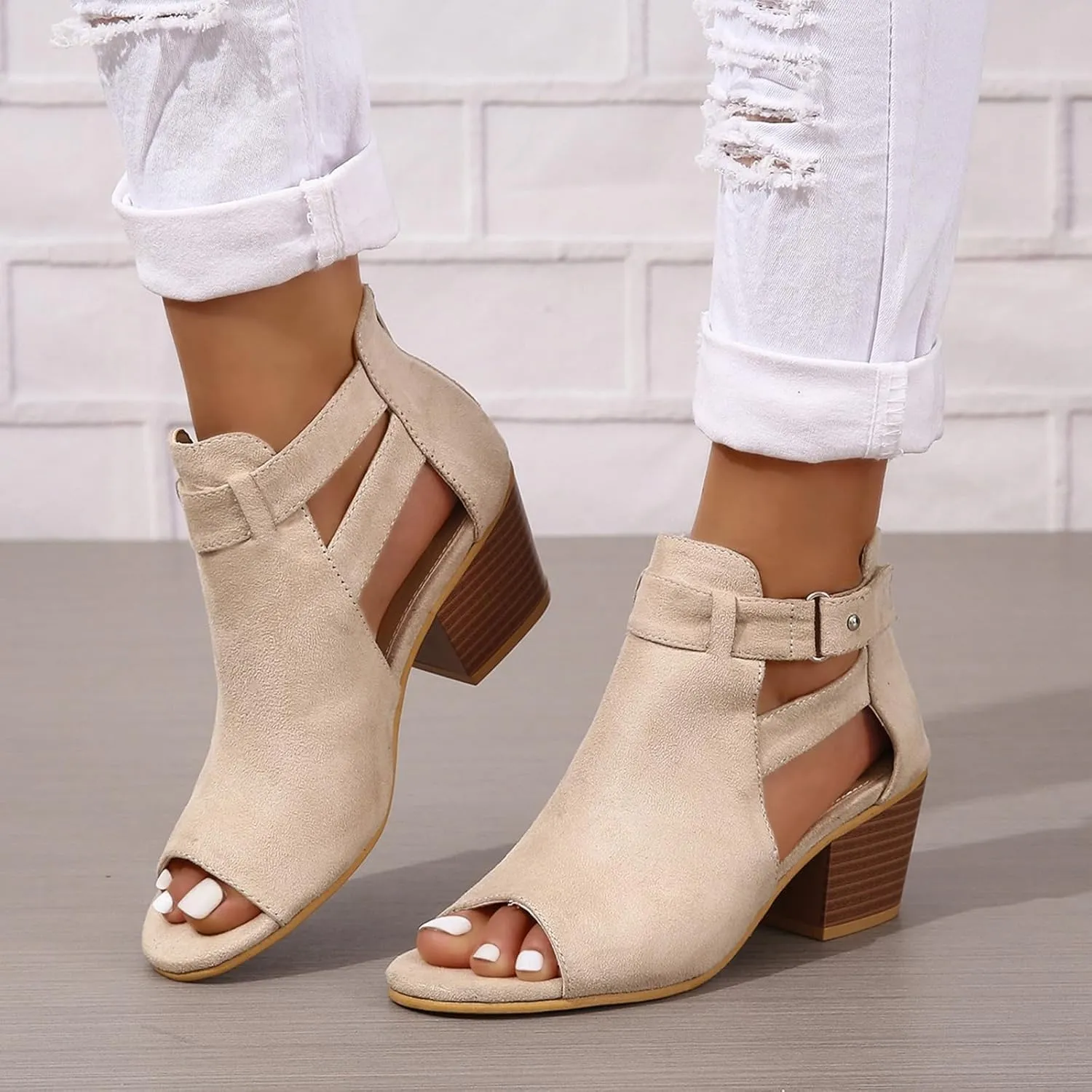 Women's Peep Toe Booties Toe Ankle Booties Chunky Heels Cutout Back Zipper Sandals Suede Side Ankle Strap Dress Sandals Strap Evening Party Shoes