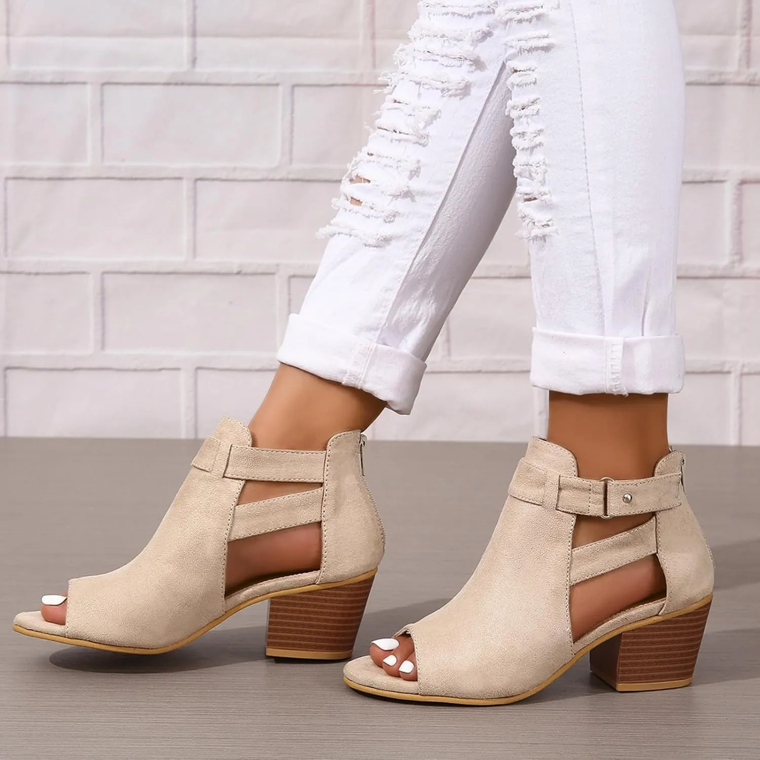 Women's Peep Toe Booties Toe Ankle Booties Chunky Heels Cutout Back Zipper Sandals Suede Side Ankle Strap Dress Sandals Strap Evening Party Shoes