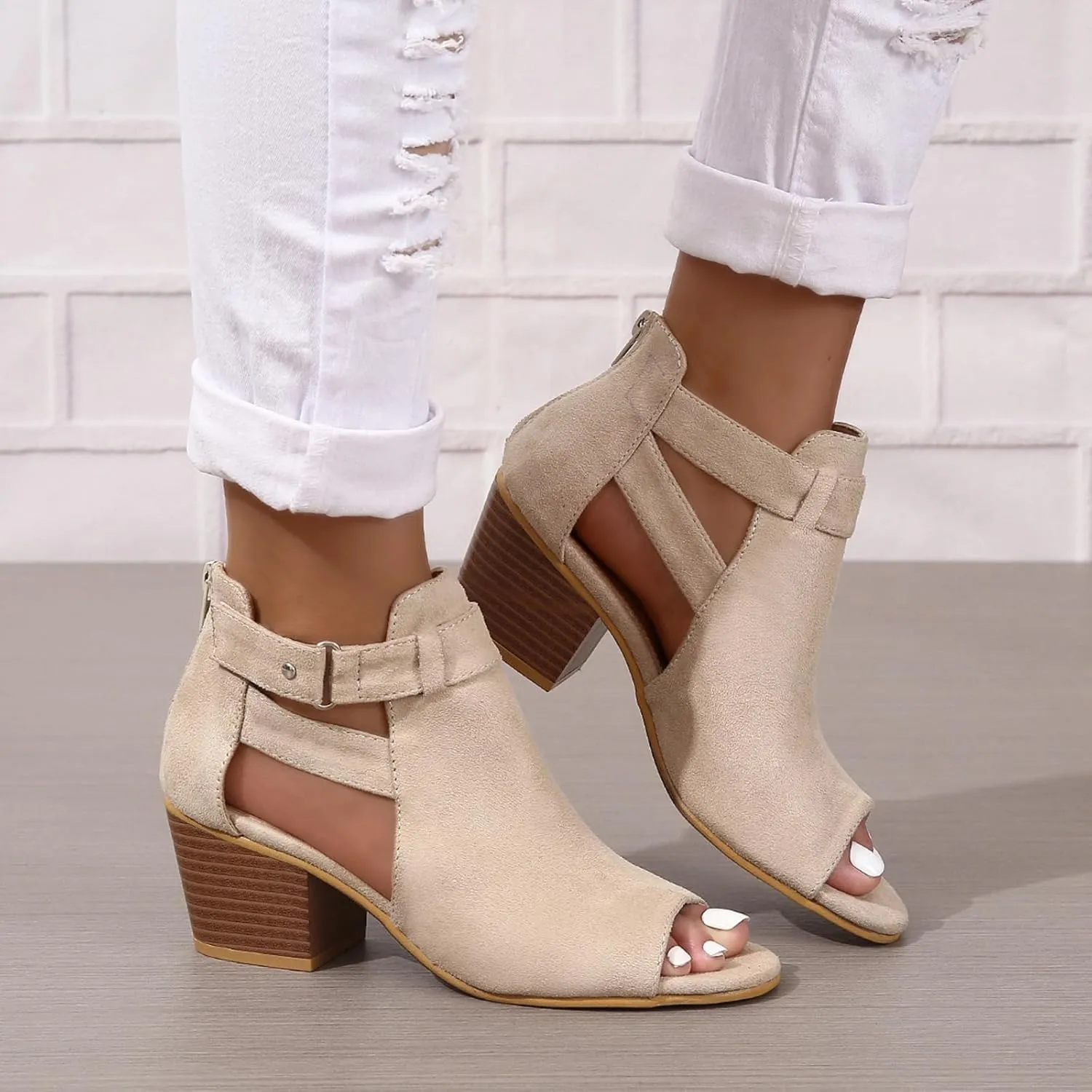 Women's Peep Toe Booties Toe Ankle Booties Chunky Heels Cutout Back Zipper Sandals Suede Side Ankle Strap Dress Sandals Strap Evening Party Shoes