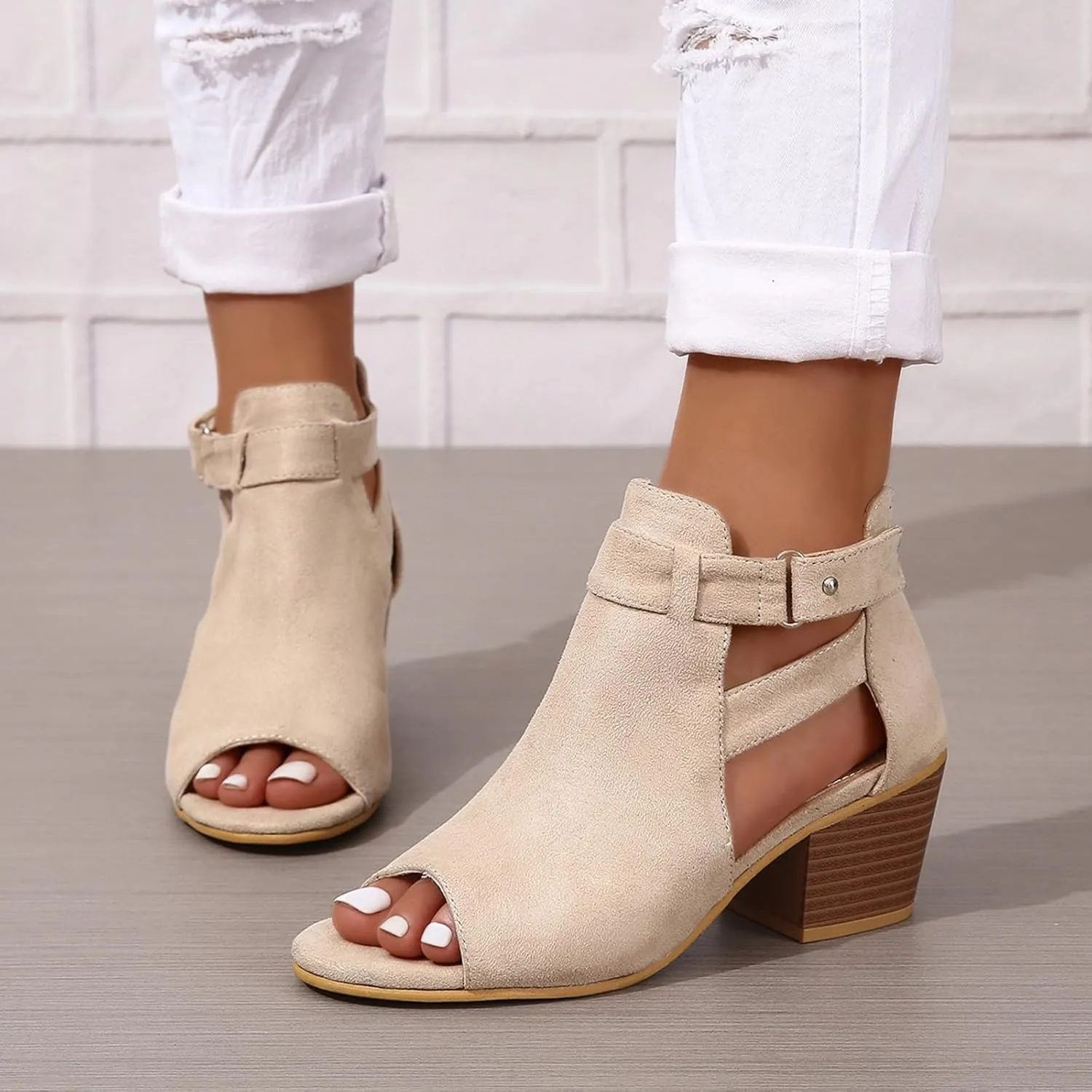 Women's Peep Toe Booties Toe Ankle Booties Chunky Heels Cutout Back Zipper Sandals Suede Side Ankle Strap Dress Sandals Strap Evening Party Shoes