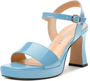 Womens Platform Sandals, Chunky High Heel Sqaure Teo Sandals, Open Toe Comfort Dress Sandals for Women, Ankle Strap Buckle Patent Sandals