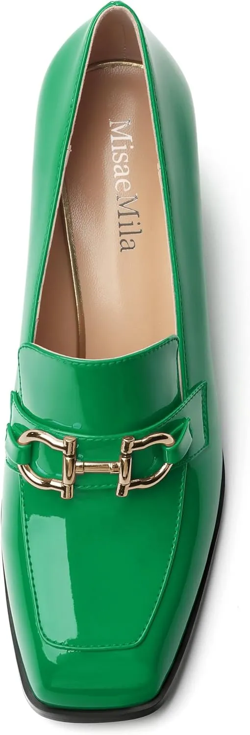 Women's Pump's, Square Toe British Style Loafers for Silver Metallic Buckle Women's Heels