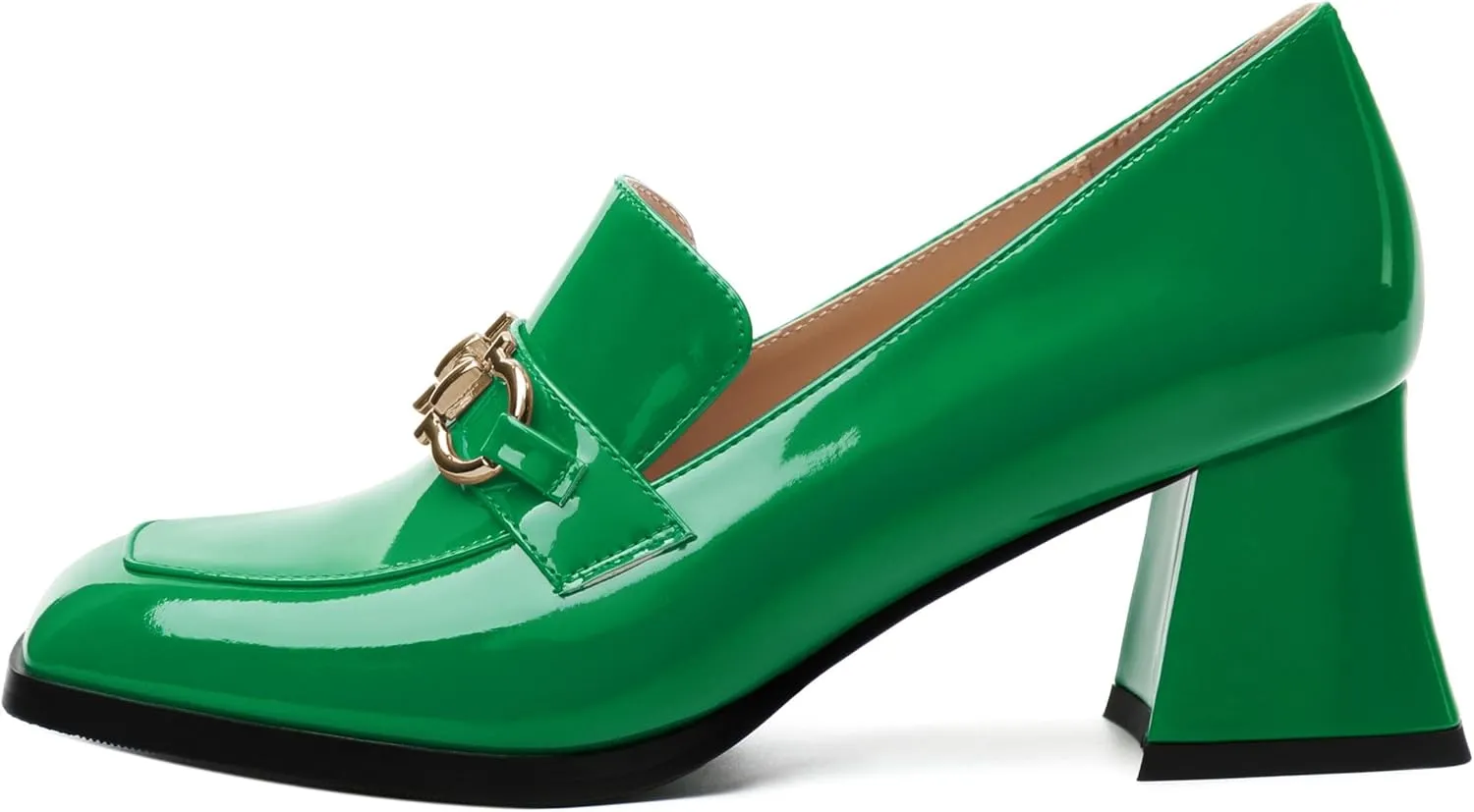 Women's Pump's, Square Toe British Style Loafers for Silver Metallic Buckle Women's Heels