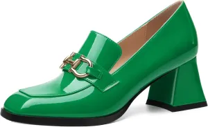Women's Pump's, Square Toe British Style Loafers for Silver Metallic Buckle Women's Heels