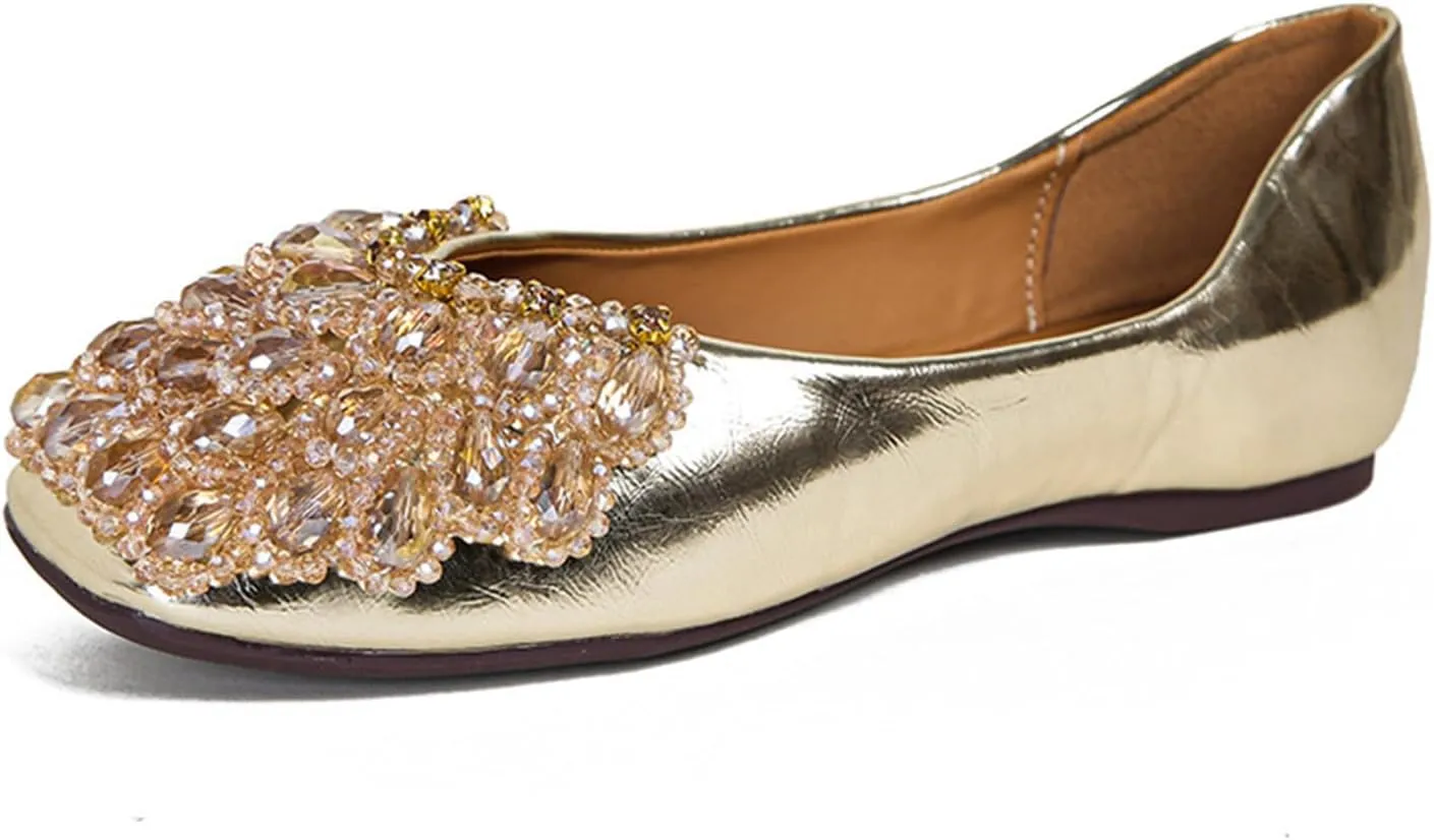 Women's Rhinestones Square Toe Ballet Flats Fashion Bling Glitter Crystal Soft Sole Comfort Slip-On Penny Loafers Elegant Casual Low Heel Wedding Dress Shoes