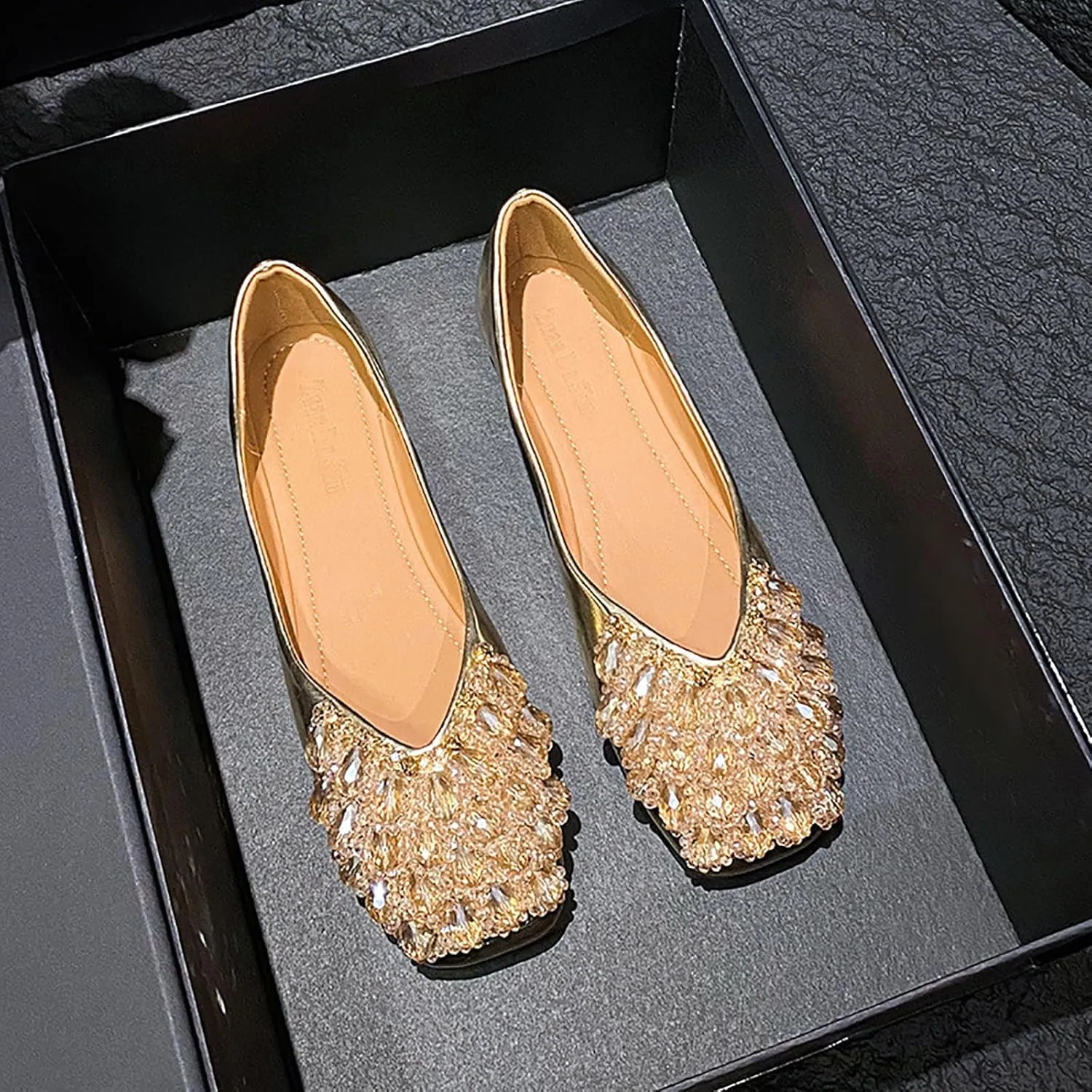 Women's Rhinestones Square Toe Ballet Flats Fashion Bling Glitter Crystal Soft Sole Comfort Slip-On Penny Loafers Elegant Casual Low Heel Wedding Dress Shoes