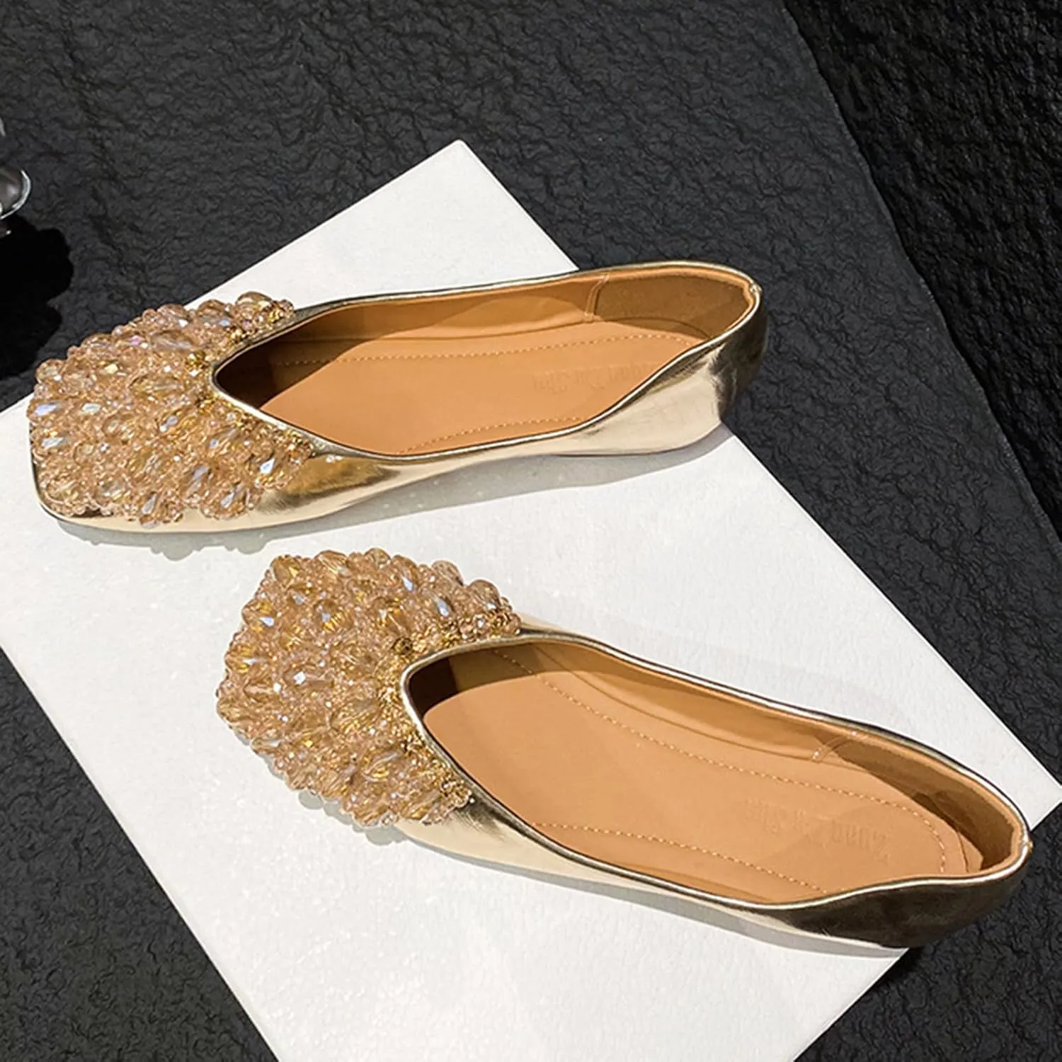 Women's Rhinestones Square Toe Ballet Flats Fashion Bling Glitter Crystal Soft Sole Comfort Slip-On Penny Loafers Elegant Casual Low Heel Wedding Dress Shoes