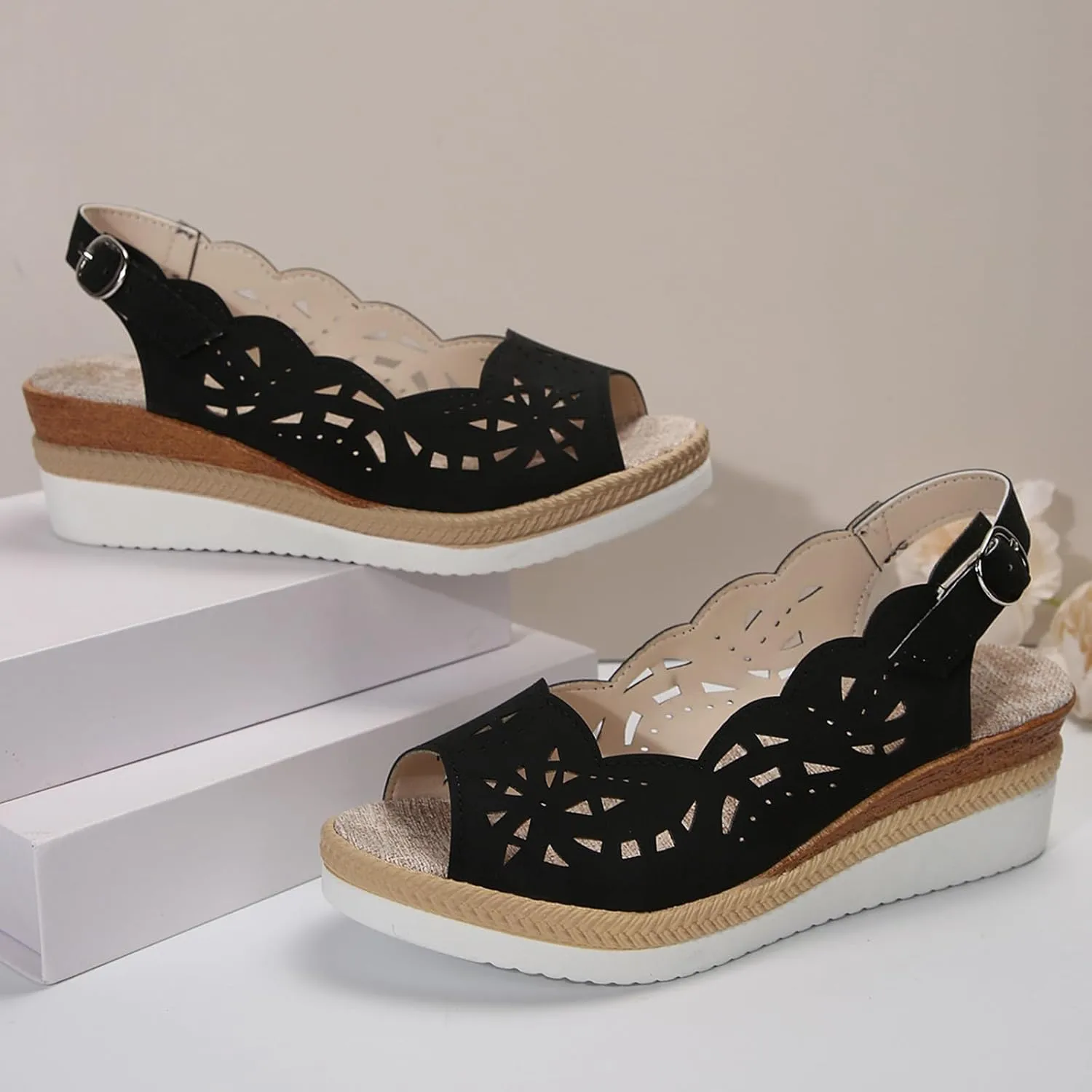 Womens Sandals 2025 Platform Shoes Casual Hollow Out Shoes Slingback Platform Wedge Sandals Causal Heel Cut Out Vamp Peep Toe Slingback Women's Sandal Fashion Dressy Sandal 2025