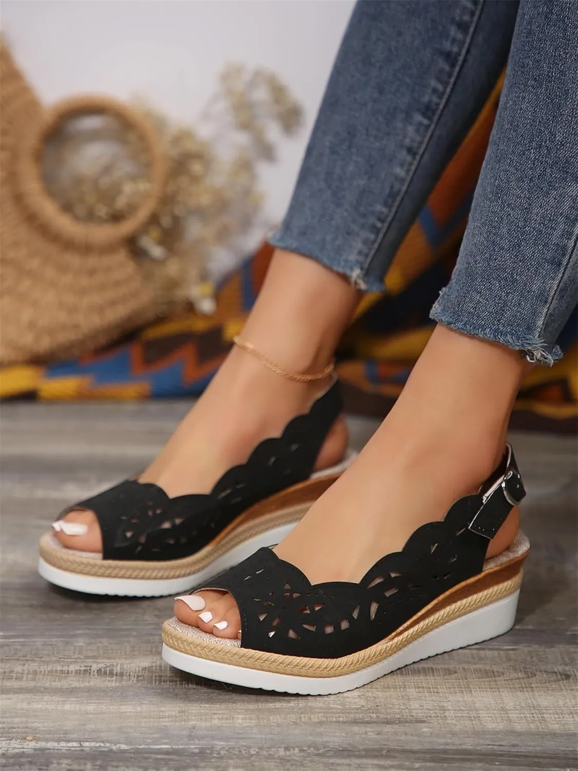 Womens Sandals 2025 Platform Shoes Casual Hollow Out Shoes Slingback Platform Wedge Sandals Causal Heel Cut Out Vamp Peep Toe Slingback Women's Sandal Fashion Dressy Sandal 2025